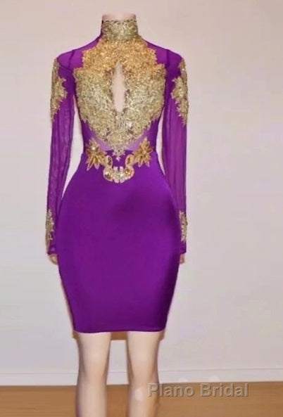 Unique Formal Prom Dresses, Long Sleeve High Neck Beaded Split Formal Prom Dresses