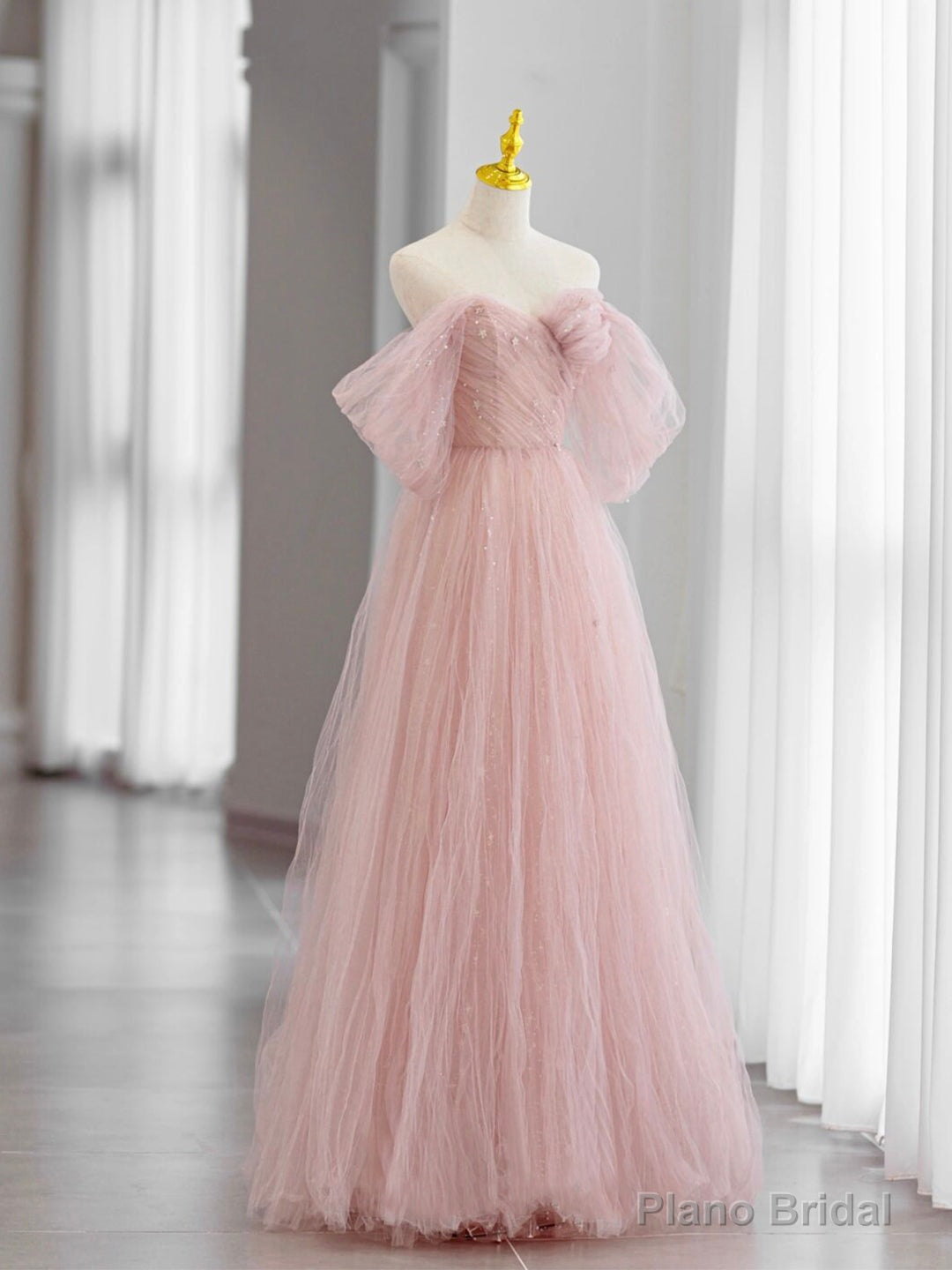 Pink Tulle Long Prom Dress, Beautiful A-Line Off Shoulder Evening Dress Main image
