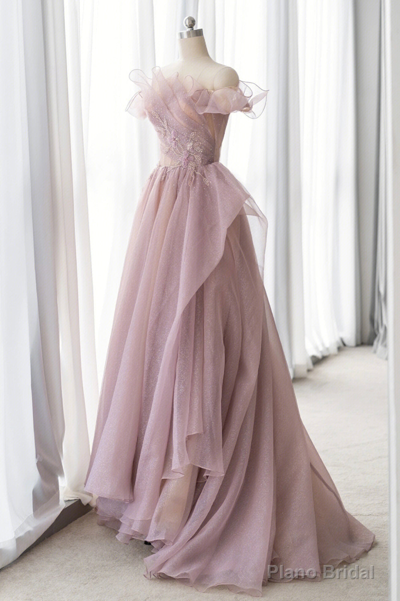 Pink Tulle Long A-line Prom Dress, Lovely Off the Shoulder Evening Dress Main image