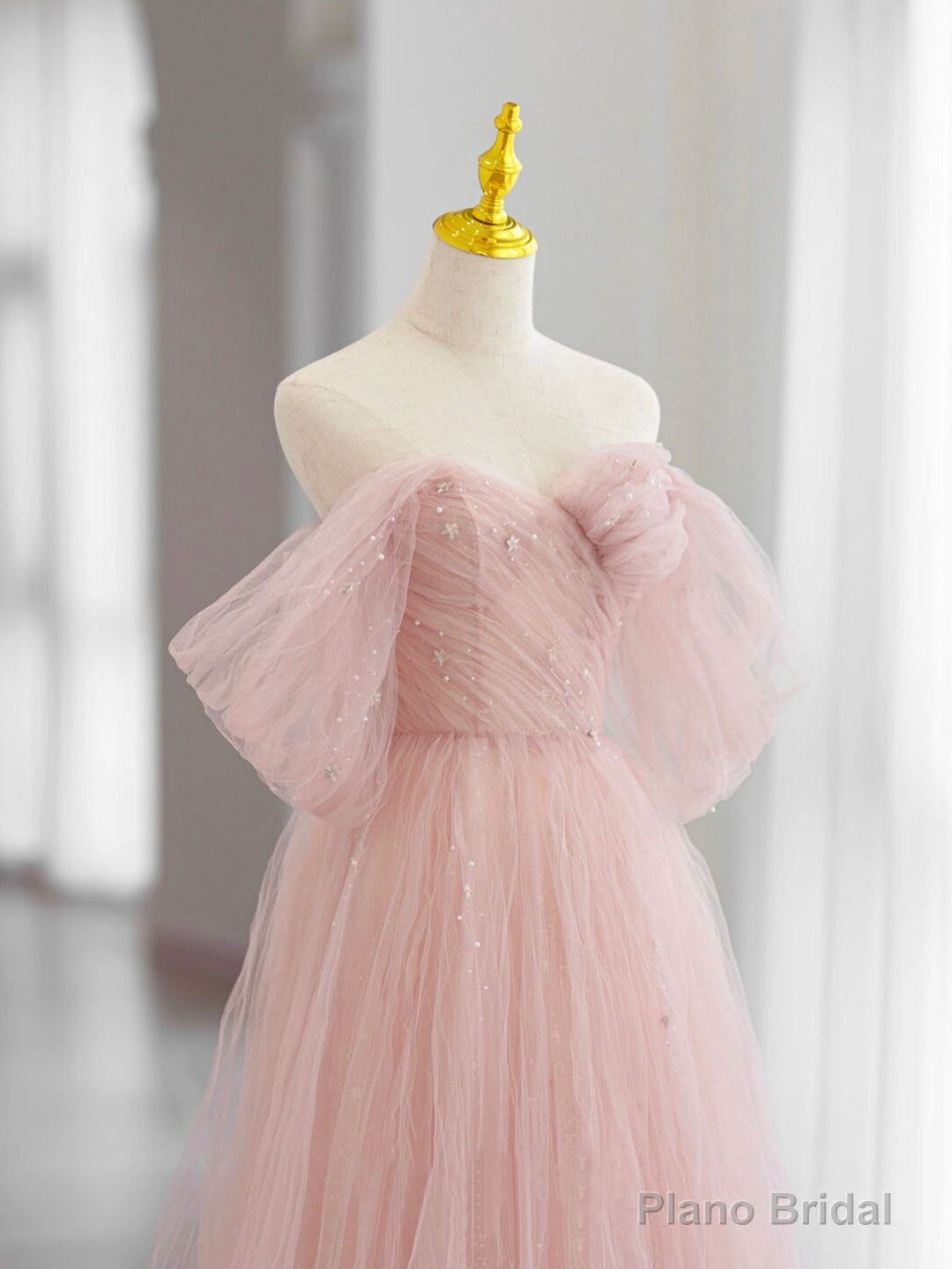 Pink Tulle Long Prom Dress, Beautiful A-Line Off Shoulder Evening Dress Secondary image