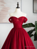 Burgundy Tulle Long Formal Dress, Off Shoulder Evening Dress Party Dress