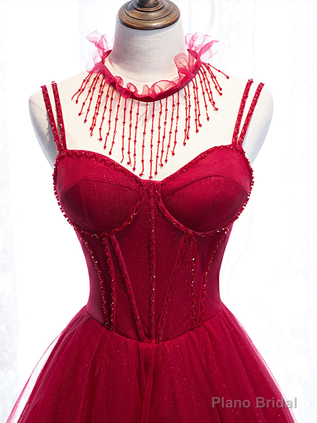 Red Spaghetti Strap Tulle Party Dress, Red Floor Length Prom Dress Secondary image