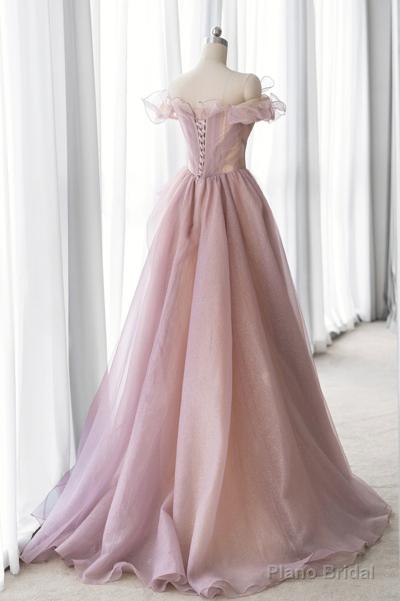 Pink Tulle Long A-line Prom Dress, Lovely Off the Shoulder Evening Dress Secondary image