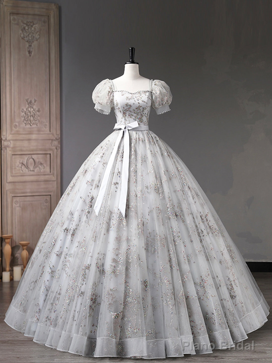 Gray Tulle Sequins Long Prom Dress, A-Line Short Sleeve Evening Dress Main image