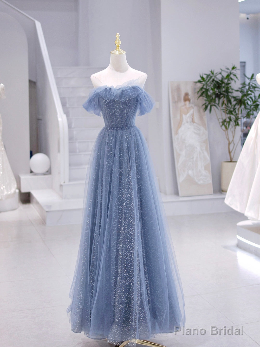 Blue Strapless Tulle Long Prom Dress, Blue A-Line Evening Dress Main image