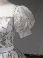 Gray Tulle Sequins Long Prom Dress, A-Line Short Sleeve Evening Dress