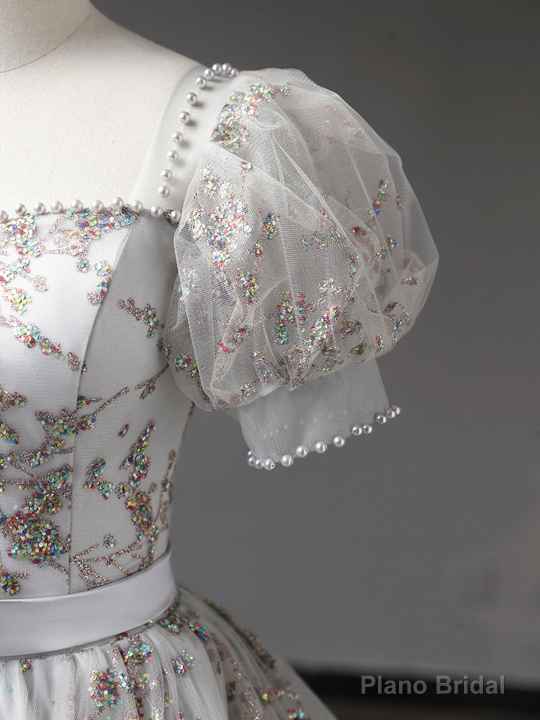 Gray Tulle Sequins Long Prom Dress, A-Line Short Sleeve Evening Dress