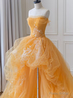 Orange Tulle Lace Long High Low Prom Dress, A-Line Strapless Evening Dress