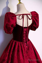 Burgundy Velvet Long A-Line Prom Dress, Short Sleeve Evening Dress