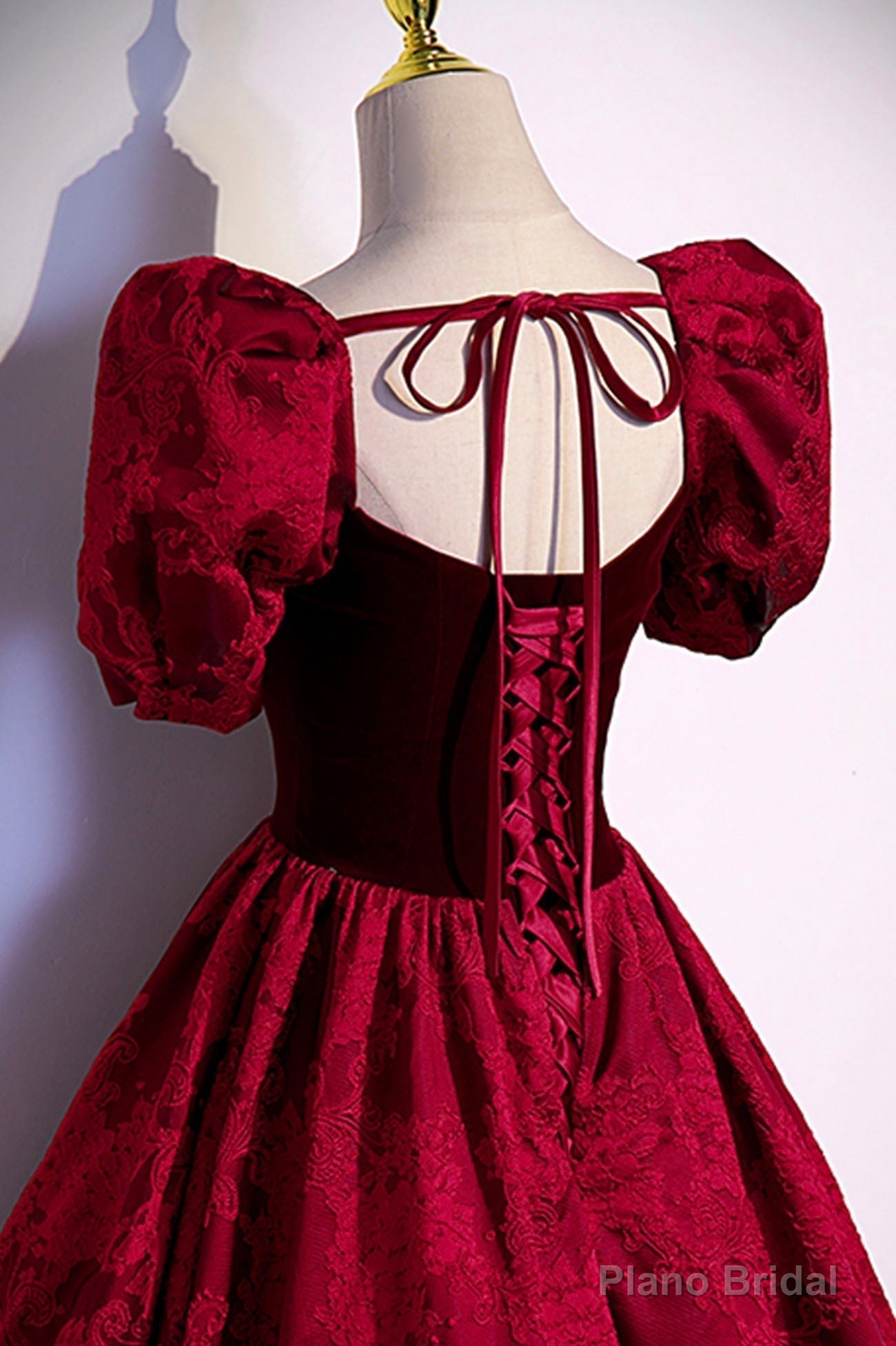 Burgundy Velvet Long A-Line Prom Dress, Short Sleeve Evening Dress