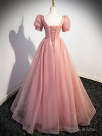 Pink Tulle Floor Length Prom Dress with Short Sleeve, Beautiful A-Line Evening Dress
