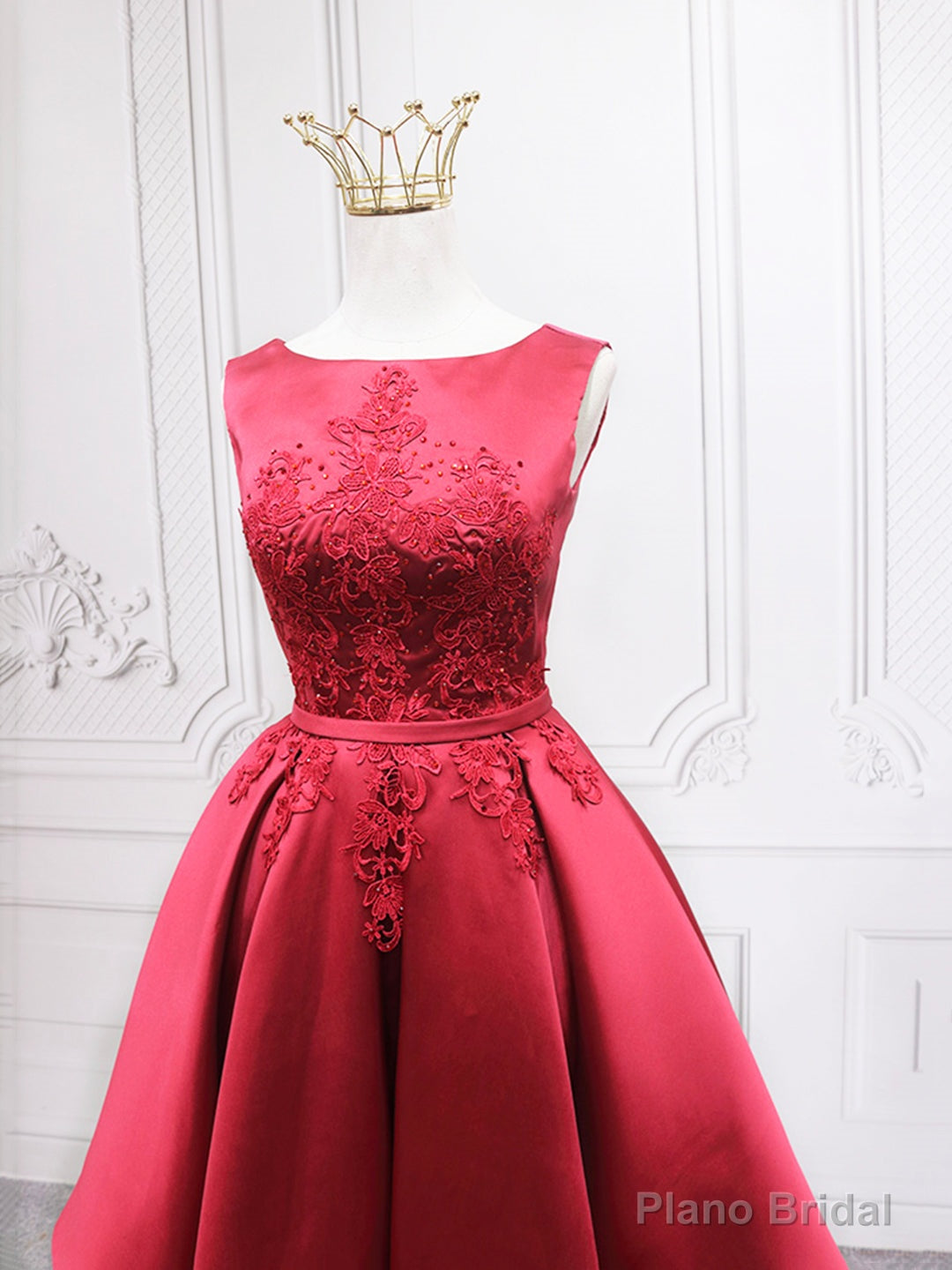 Burgundy Satin Lace Short Prom Dress, A-Line Homecoming Dress Secondary image