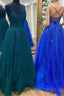 Cute Tulle Lace Long Formal Prom Dresses, A-Line Backless Evening Dresses