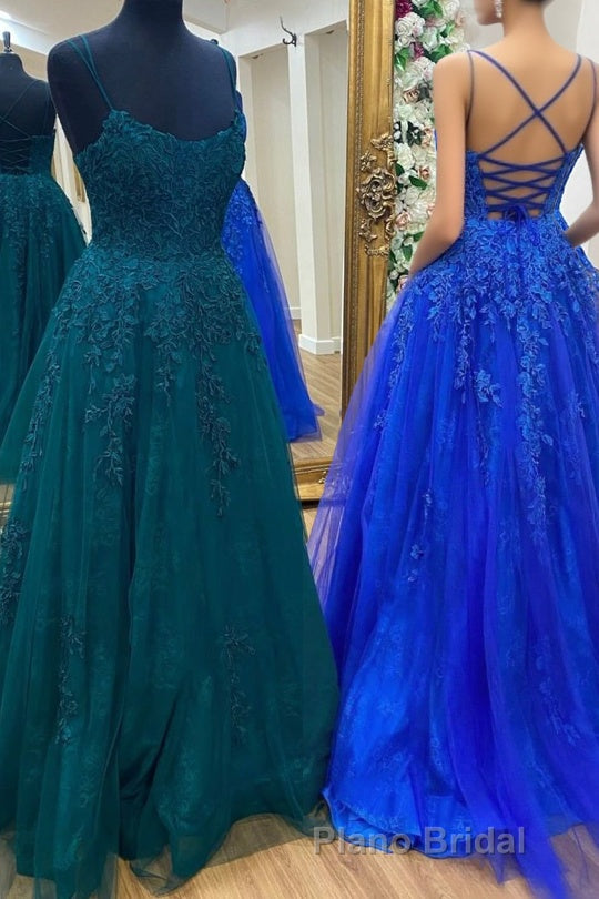 Cute Tulle Lace Long Formal Prom Dresses, A-Line Backless Evening Dresses Main image