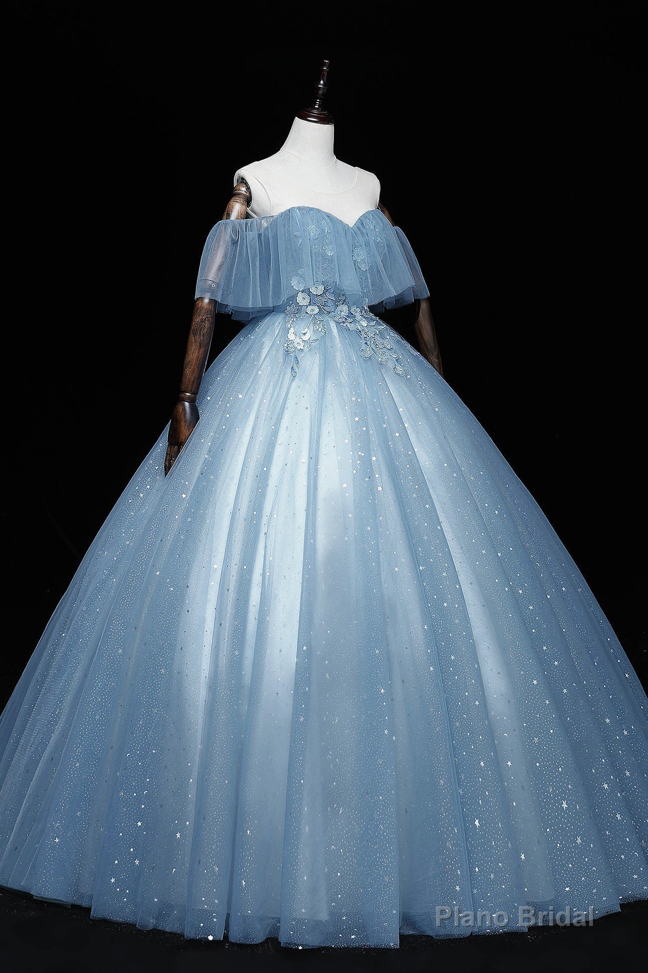 Blue Tulle Lace Long Prom Dresses, A-Line Off the Shoulder Evening Dresses Main image