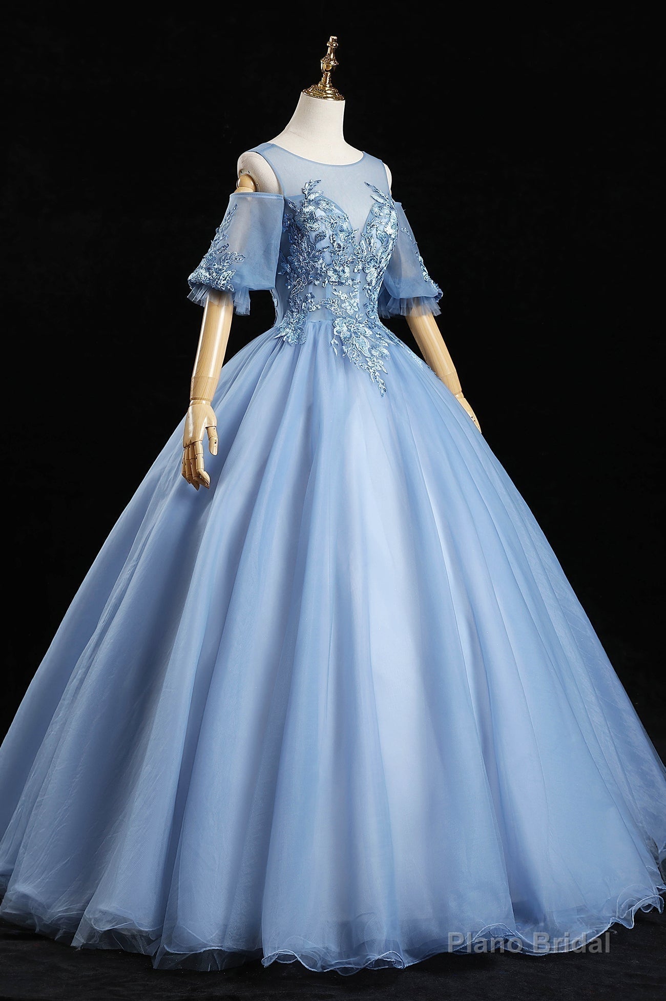 Blue Lace Long A-Line Prom Dresses, Blue Evening Dresses Main image