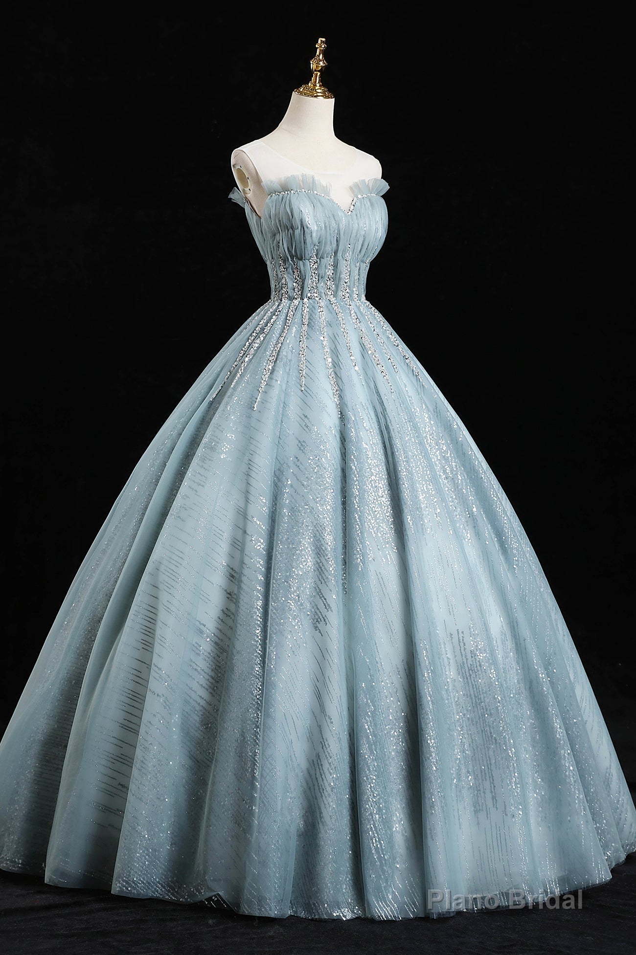 Blue Tulle Sequins Long Prom Dresses, A-Line Evening Dresses Main image