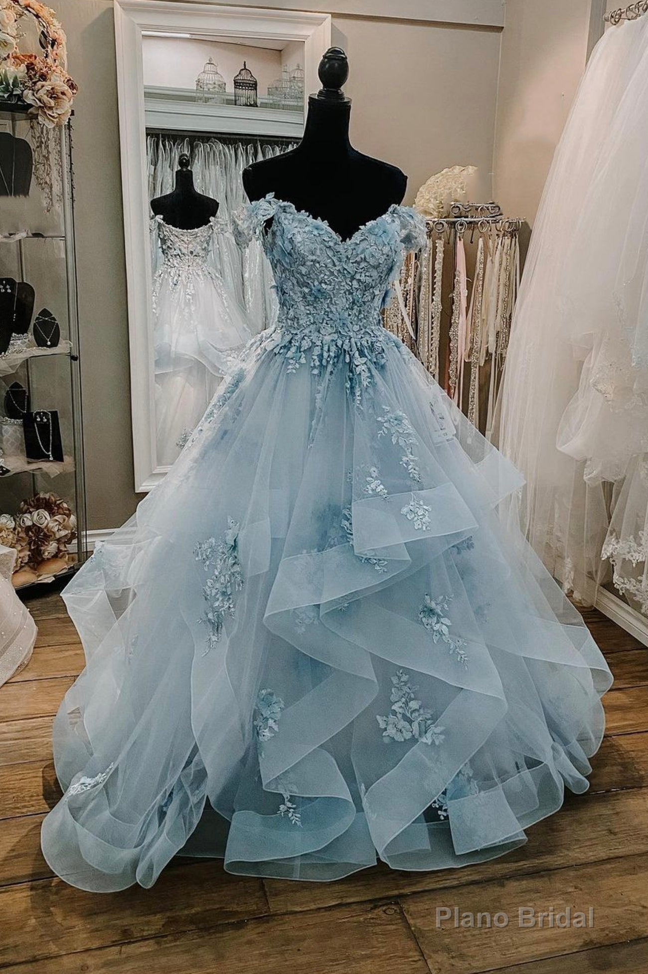 Blue Tulle Lace Long Prom Dresses, Off the Shoulder Evening Dresses Main image