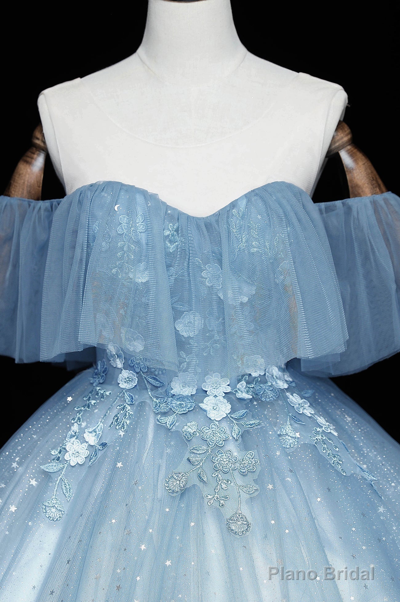 Blue Tulle Lace Long Prom Dresses, A-Line Off the Shoulder Evening Dresses Secondary image