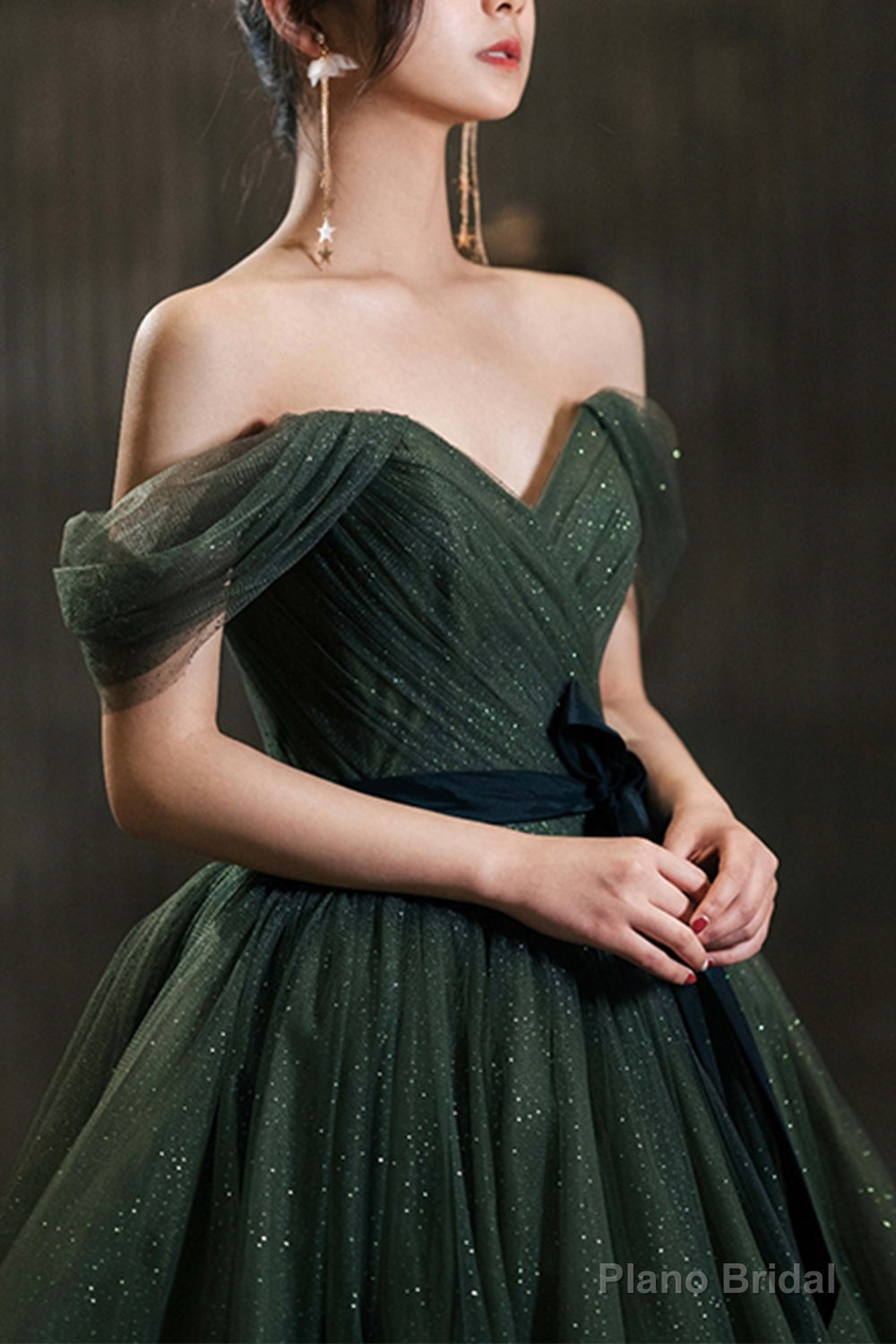 Beautiful Green Tulle Long Prom Dress, A-Line Off the Shoulder Graduation Dress