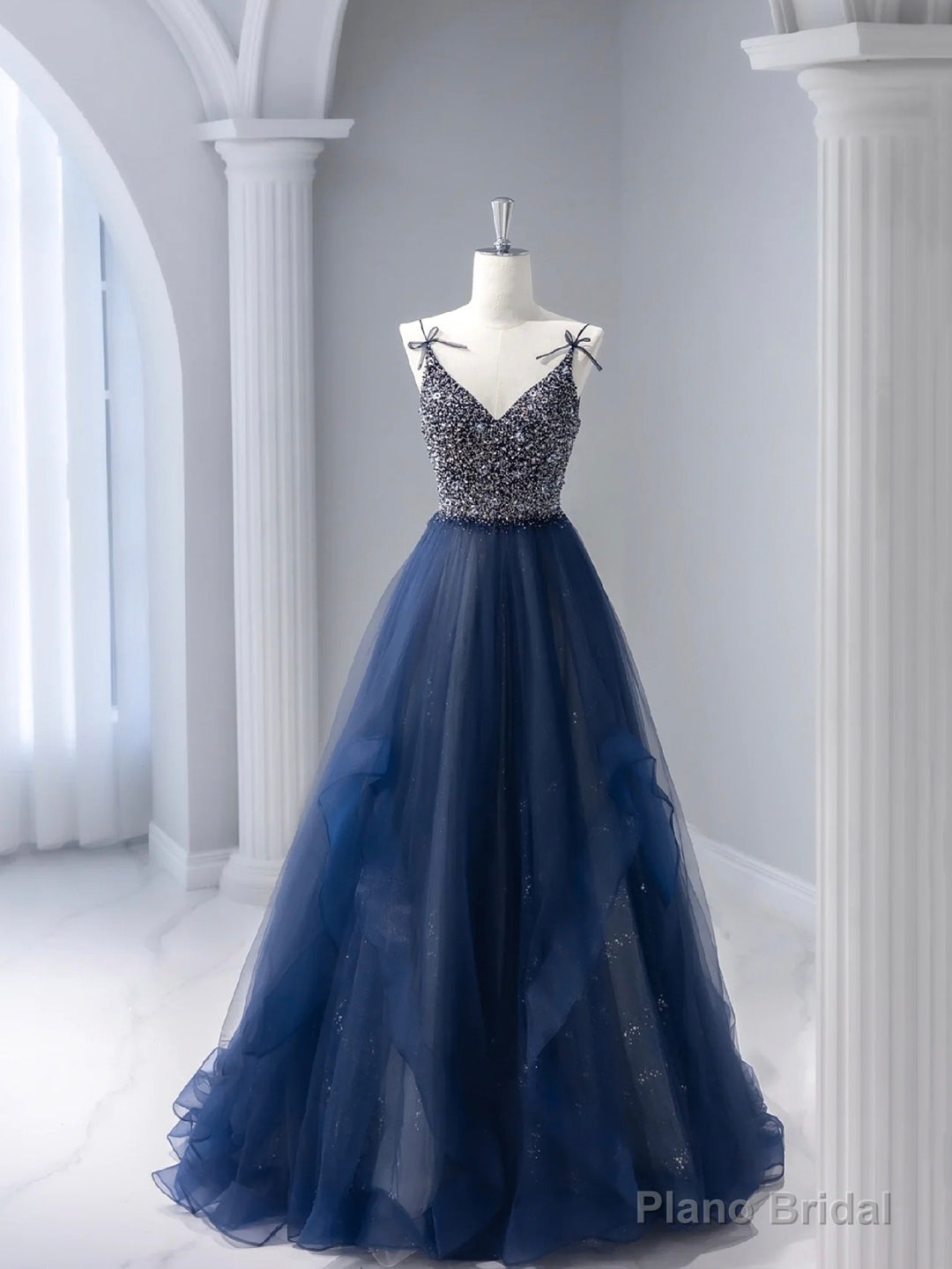 Blue Tulle Beaded Long Prom Dress, A-Line Spaghetti Strap Formal Evening Dress Main image