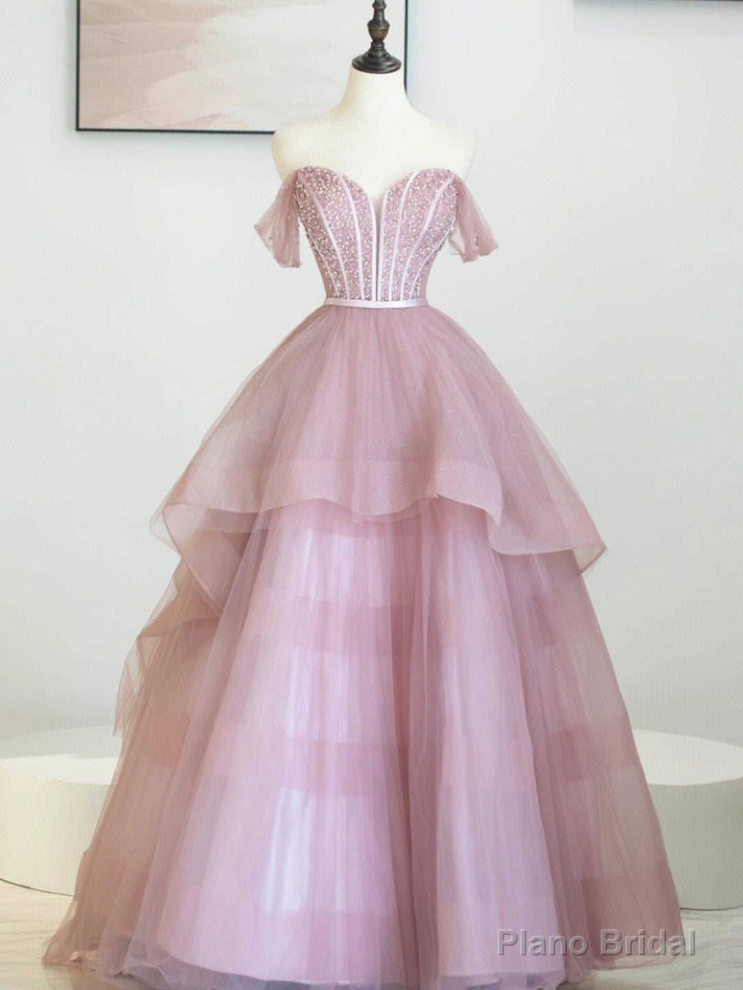 Pink Tulle Sequins Long Prom Dress, Off Shoulder Evening Dress Main image