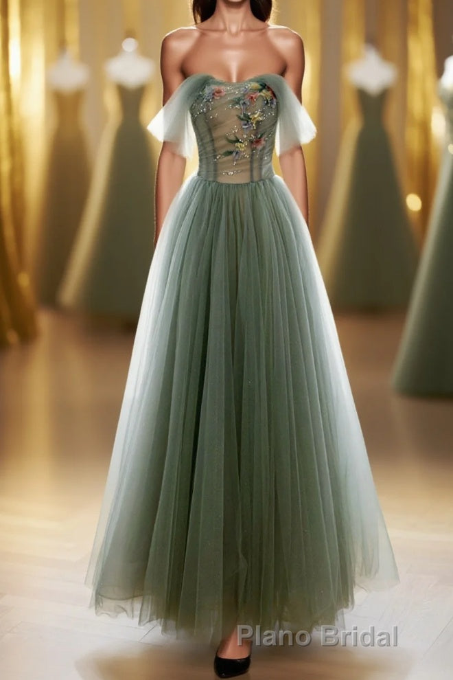 A-Line Green Tulle Long Formal Prom Dresses, Off the Shoulder Evening Party Dresses Main image