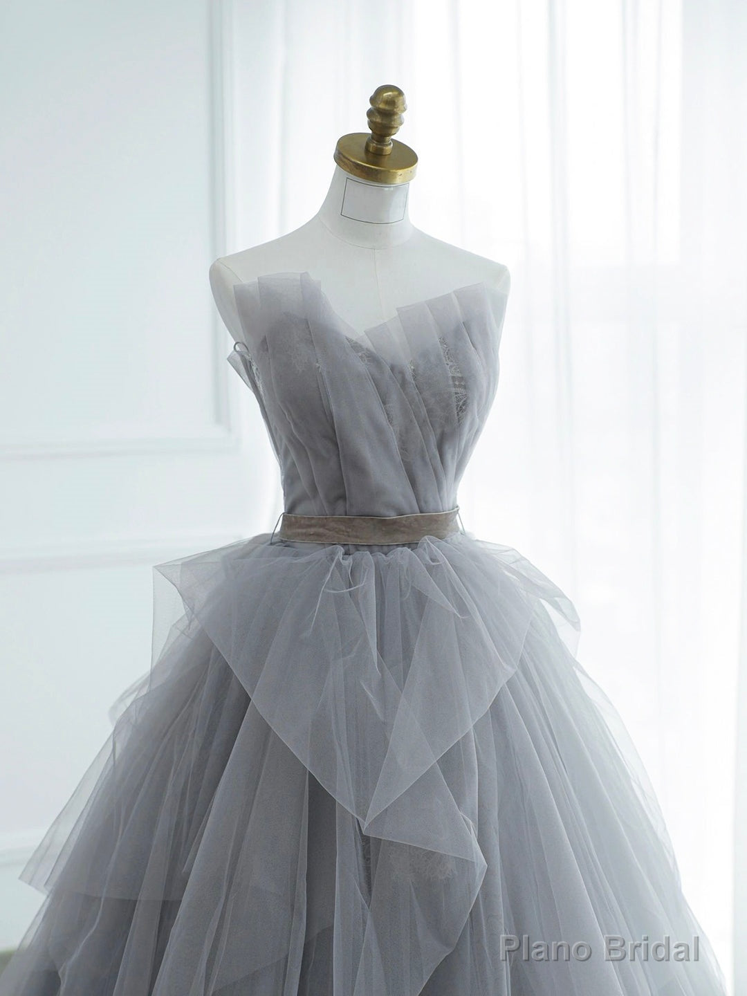 Gray Strapless Tulle Lace Long Prom Dress, A-Line Evening Party Dress Secondary image