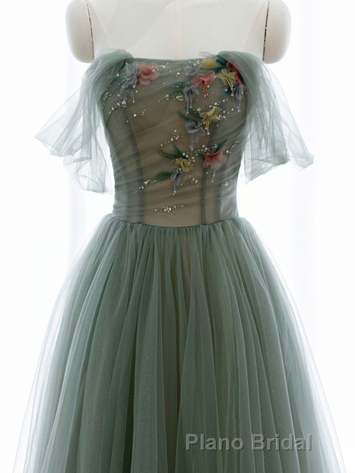 A-Line Green Tulle Long Formal Prom Dresses, Off the Shoulder Evening Party Dresses Secondary image
