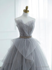 Gray Strapless Tulle Lace Long Prom Dress, A-Line Evening Party Dress