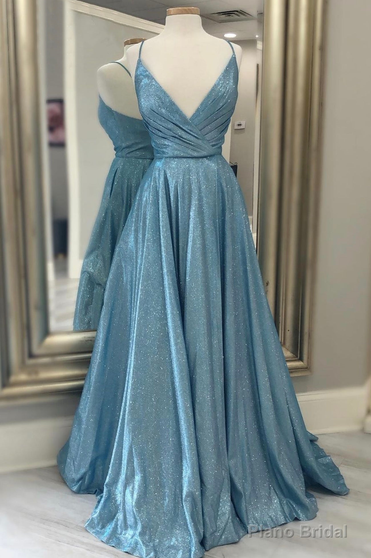 Blue V-Neck Long Prom Dresses, A-Line Blue Evening Dresses Main image
