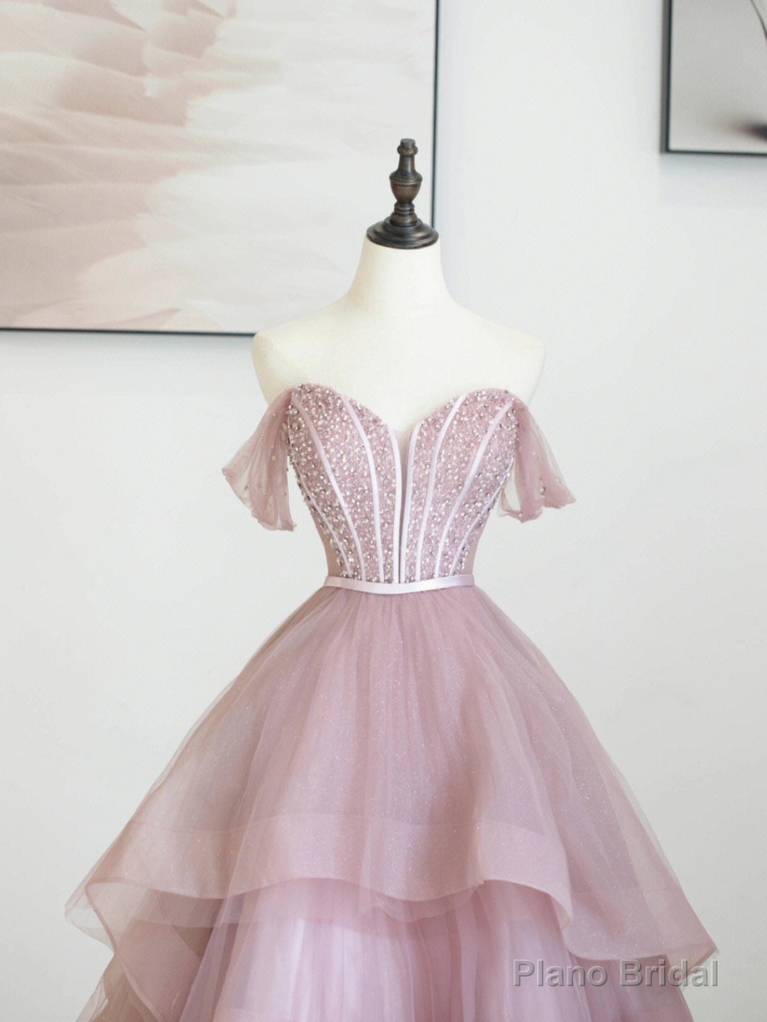 Pink Tulle Sequins Long Prom Dress, Off Shoulder Evening Dress