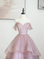 Pink Tulle Sequins Long Prom Dress, Off Shoulder Evening Dress