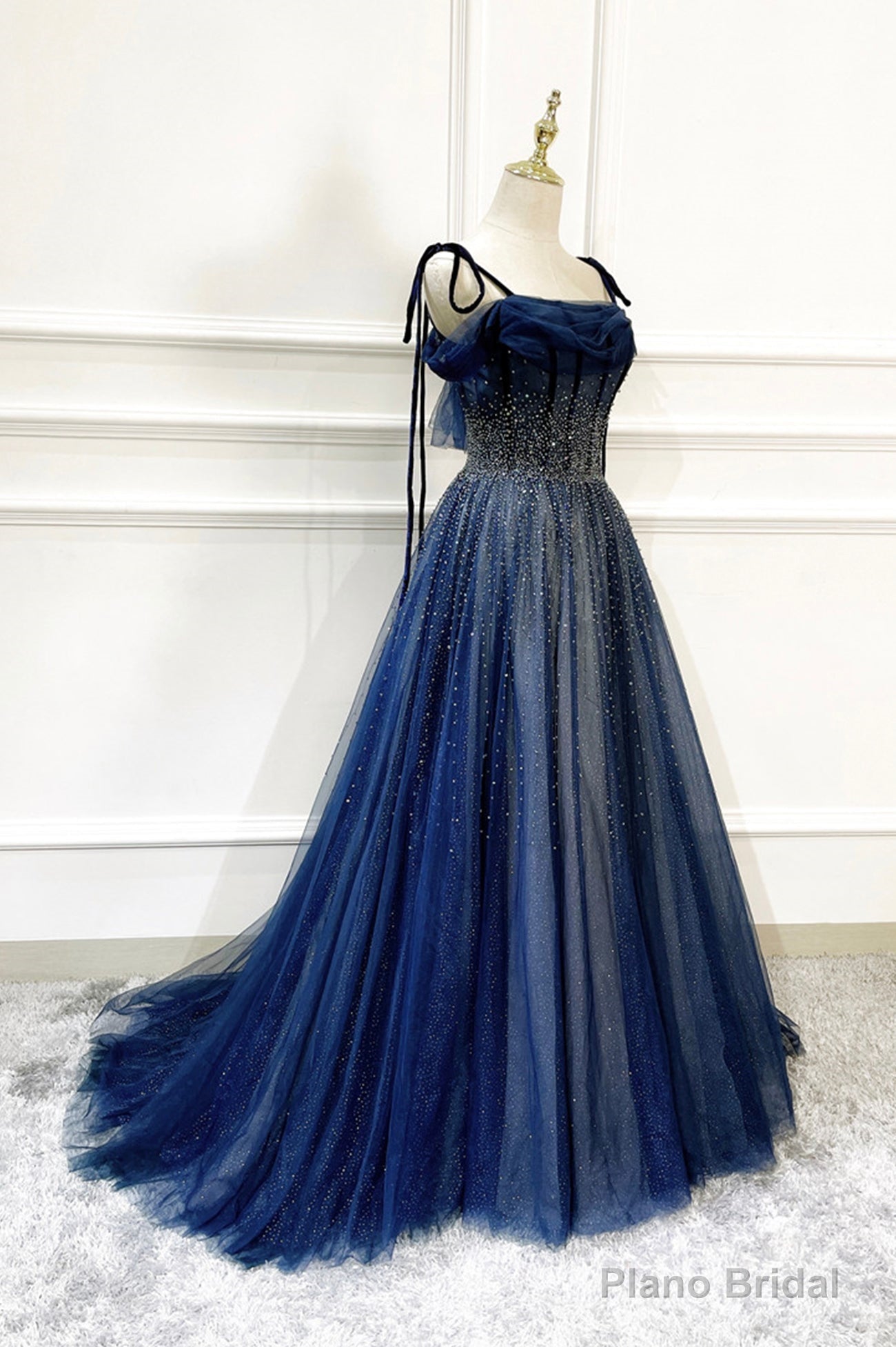 Blue Long Tulle Beaded Prom Dress, Blue Evening Party Dress Main image