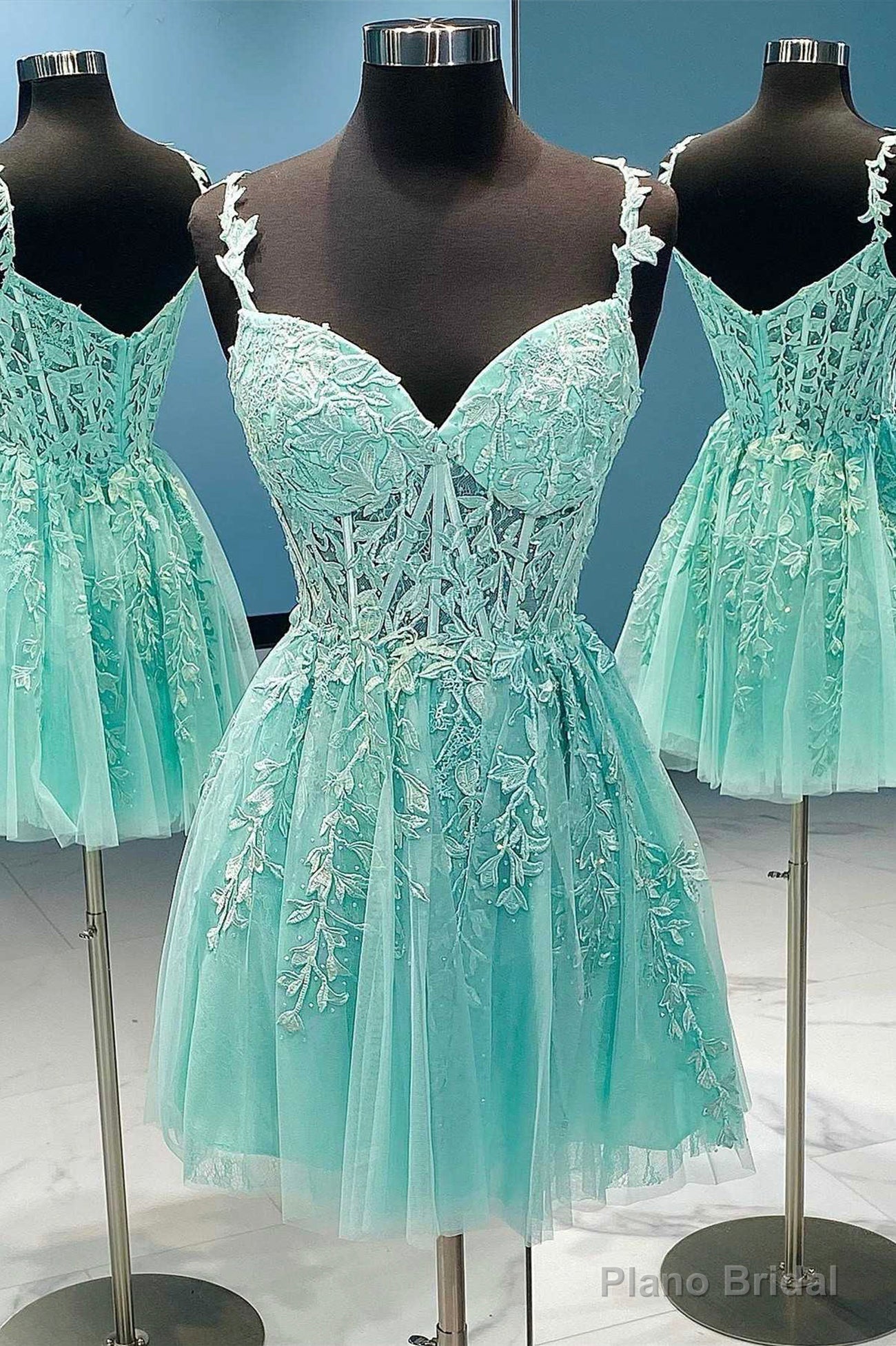 A-Line Tulle Lace Short Prom Dress, Cute Spaghetti Strap Party Dress Main image