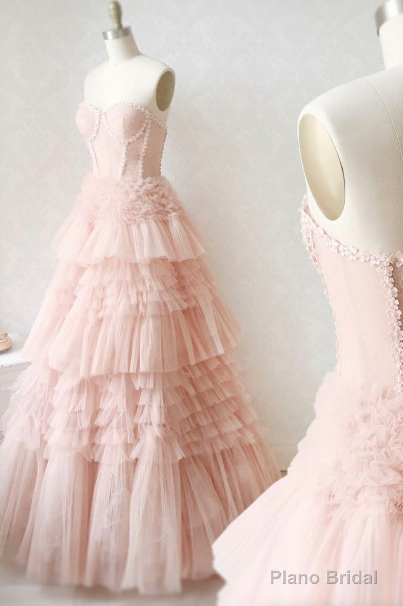 Pink Tulle Lace Long Prom Dresses, A-Line Strapless Evening Dresses Secondary image