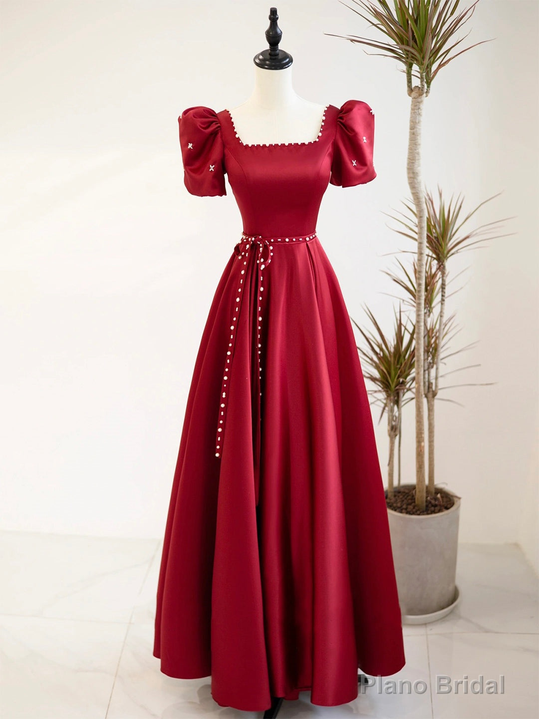 Burgundy Satin Short Sleeve Floor Length Prom Dress, Burgundy Evening Dress with Pearls Main image
