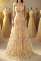 Champagne Lovely Tulle Lace Long Formal Prom Dresses, Champagne Evening Dresses