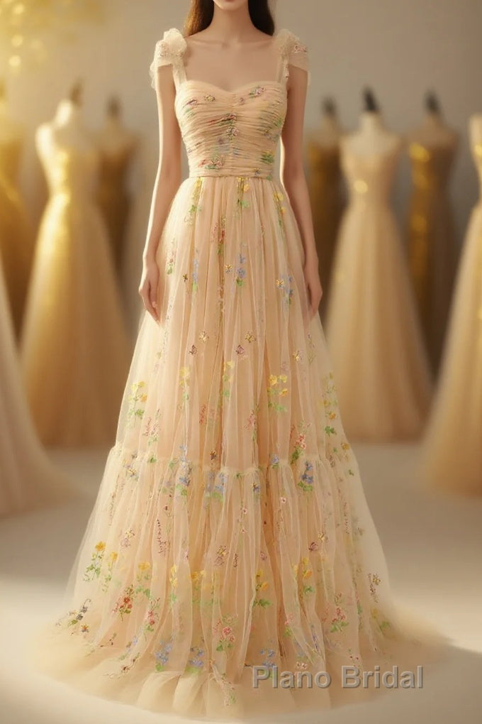 Champagne Lovely Tulle Lace Long Formal Prom Dresses, Champagne Evening Dresses