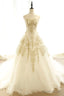 Long Champagne Strapless Tulle Lace Prom Dress, A-Line Evening Dress with Train