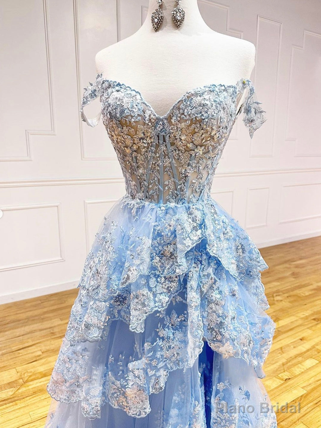 Blue Tulle Sequins Long Prom Dress, Beautiful Off Shoulder Evening Dress Secondary image