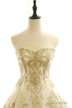 Long Champagne Strapless Tulle Lace Prom Dress, A-Line Evening Dress with Train