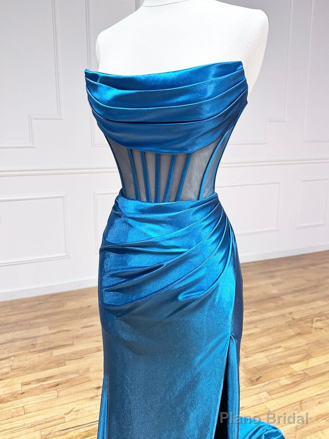 Blue Strapless Pleated Long Prom Dress, Blue Satin Party Dress Secondary image