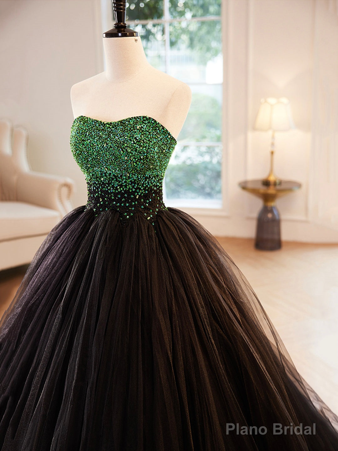 Black Strapless Tulle Long Prom Dress with Green Beaded, A-Line Formal Dress Secondary image