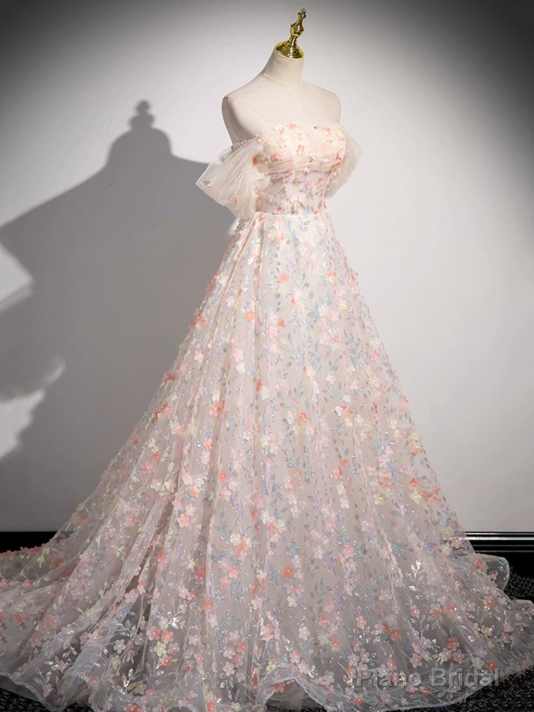 Lovely Three-dimensional Floral Floor Length Prom Dress, Off the Shoulder Evening Party Dress Main image