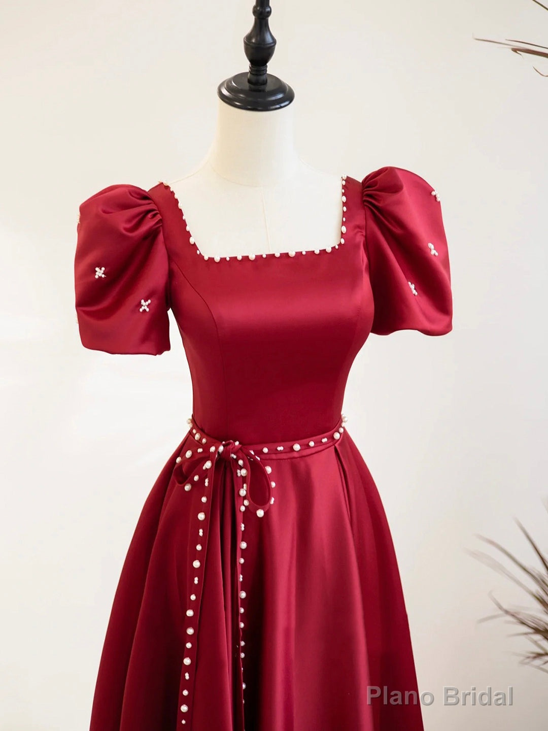 Burgundy Satin Short Sleeve Floor Length Prom Dress, Burgundy Evening Dress with Pearls Secondary image