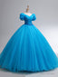 Beautiful Blue Rhinestone Floor Length Prom Dress, A-Line Short Sleeve Evening Dress