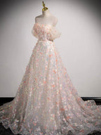 Lovely Three-dimensional Floral Floor Length Prom Dress, Off the Shoulder Evening Party Dress