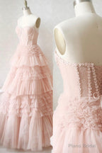 Pink Tulle Lace Long Prom Dresses, A-Line Strapless Evening Dresses