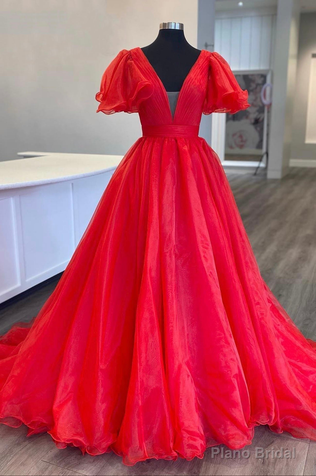 Red Organza Long A-Line Prom Dress, Beautiful V-Neck Evening Dress Main image